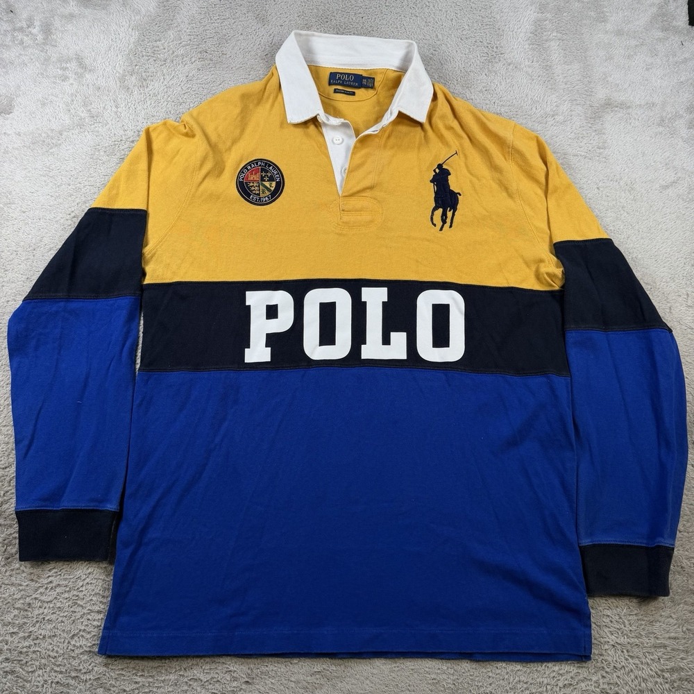 Polo Ralph Lauren Rugby Shirt Men 2XL Blue Yellow Big Pony Colorblock Crest Slim